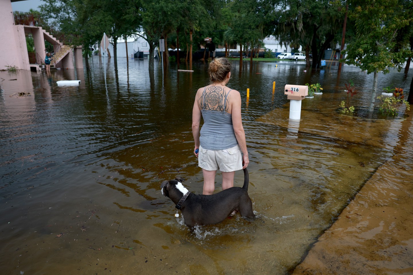 A woman walking through hurricane damage.