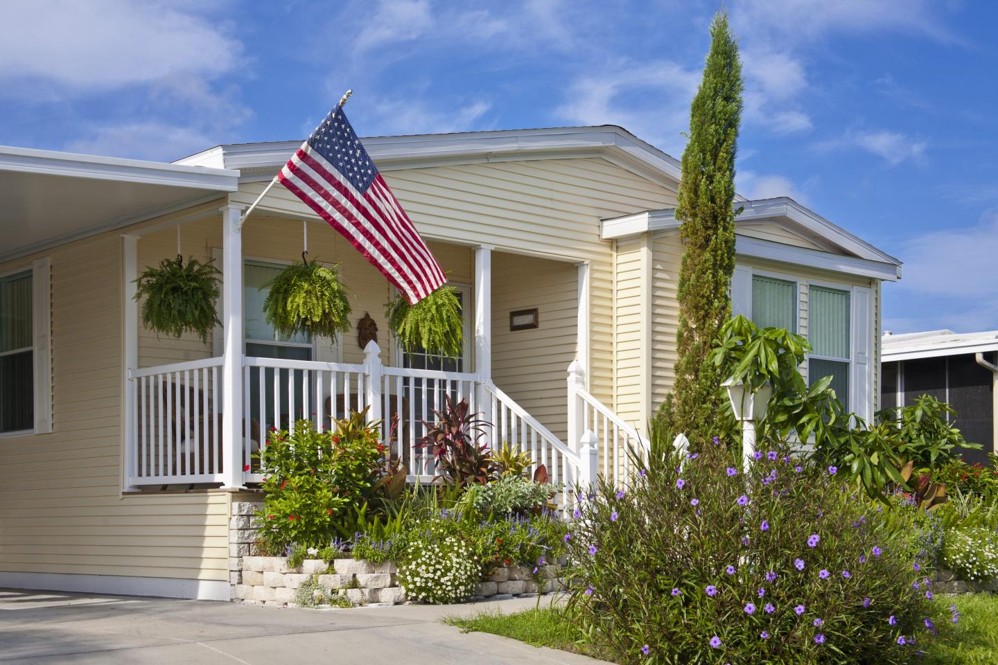Mobile home with American flag