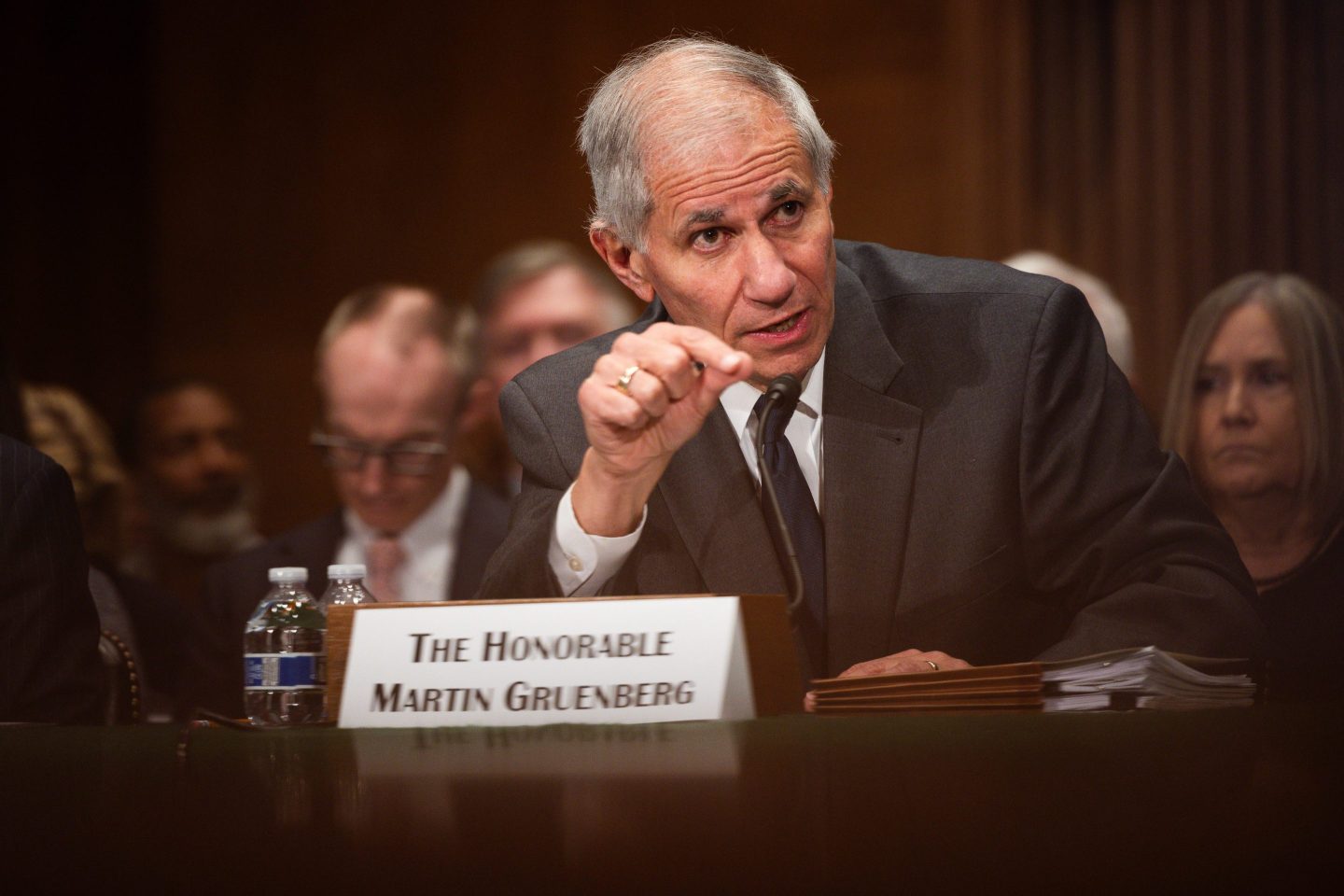 Martin Gruenberg, chairman of the Federal Deposit Insurance Corporation (FDIC), during a Senate Banking Committee hearing. The head of the Federal Deposit Insurance Corporation told lawmakers that his agency had launched an investigation into reports of misogynistic culture among bank examiners that prompted women to quit the agency.