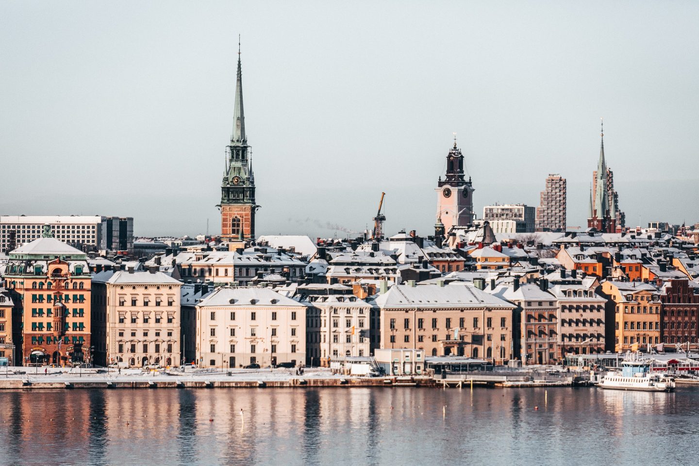 An aerial view of Gamla Stan district after snowfall in downtown of Stockholm, Sweden