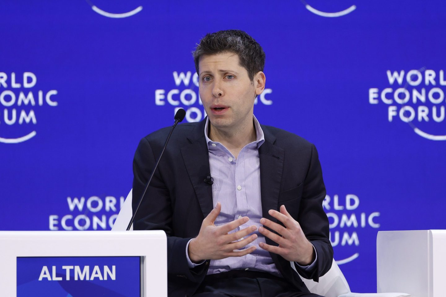 Sam Altman, chief executive officer of OpenAI, during a panel session on day three of the World Economic Forum (WEF) in Davos, Switzerland, on Thursday, Jan. 18, 2024. The annual Davos gathering of political leaders, top executives and celebrities runs from January 15 to 19. Photographer: Stefan Wermuth/Bloomberg via Getty Images