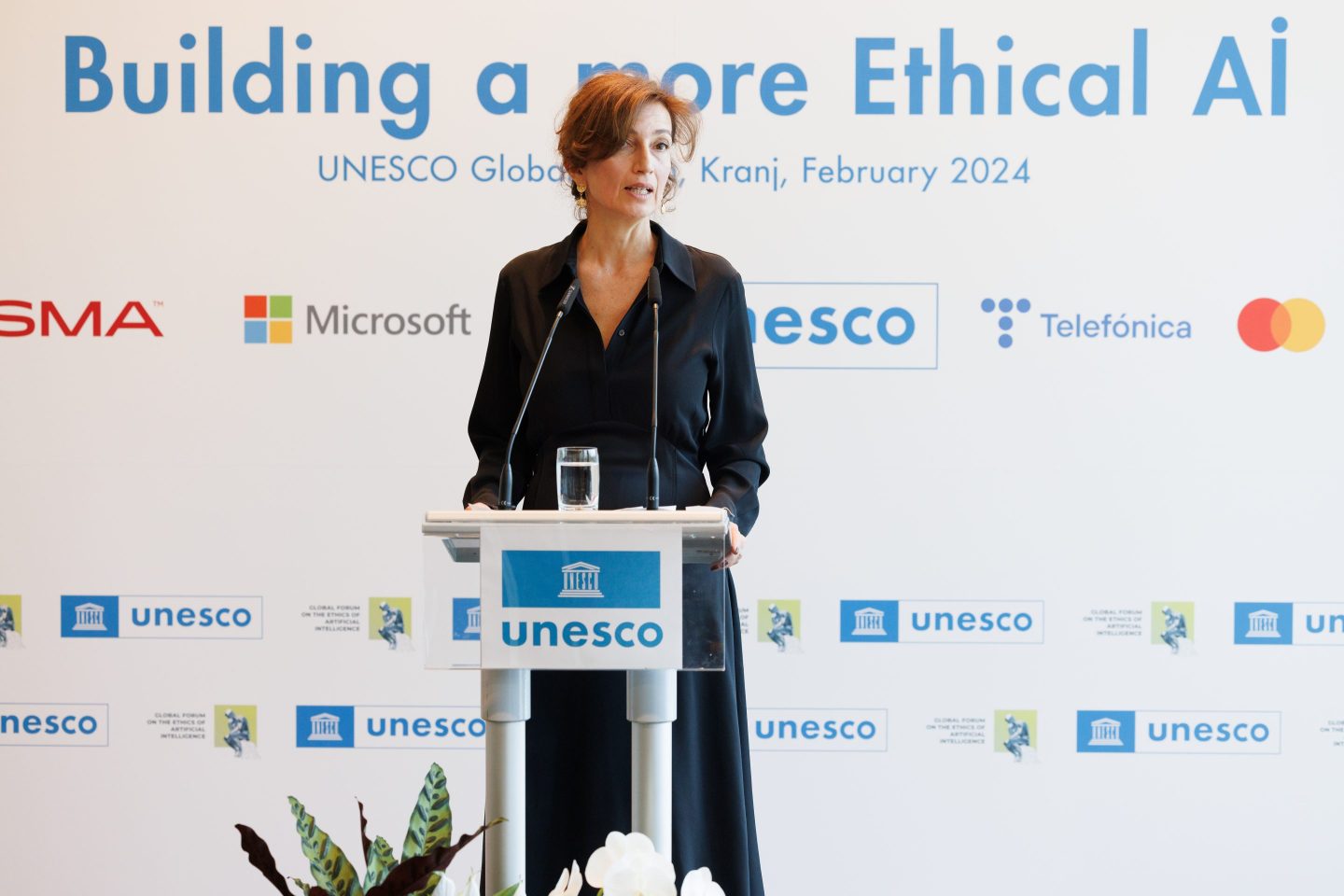 KRANJ, SLOVENIA - 2024/02/05: Audrey Azoulay, Director-General of UNESCO, speaks during the signing of an agreement with eight tech companies to build more ethical AI at the 2nd Global Forum on the Ethics of Artificial Intelligence in Kranj. The forum under the patronage of UNESCO is titled Changing the Landscape of AI Governance and will take place at the Brdo Congress Centre until February 6. (Photo by Luka Dakskobler/SOPA Images/LightRocket via Getty Images)