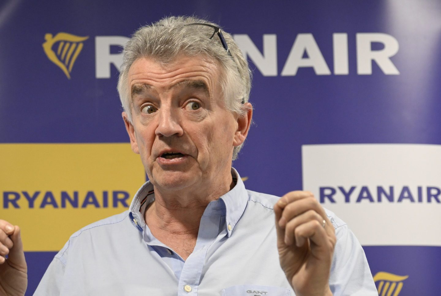 Ryanair Group CEO Michael O'Leary gestures while making a point during a press conference on the future of the company's operations