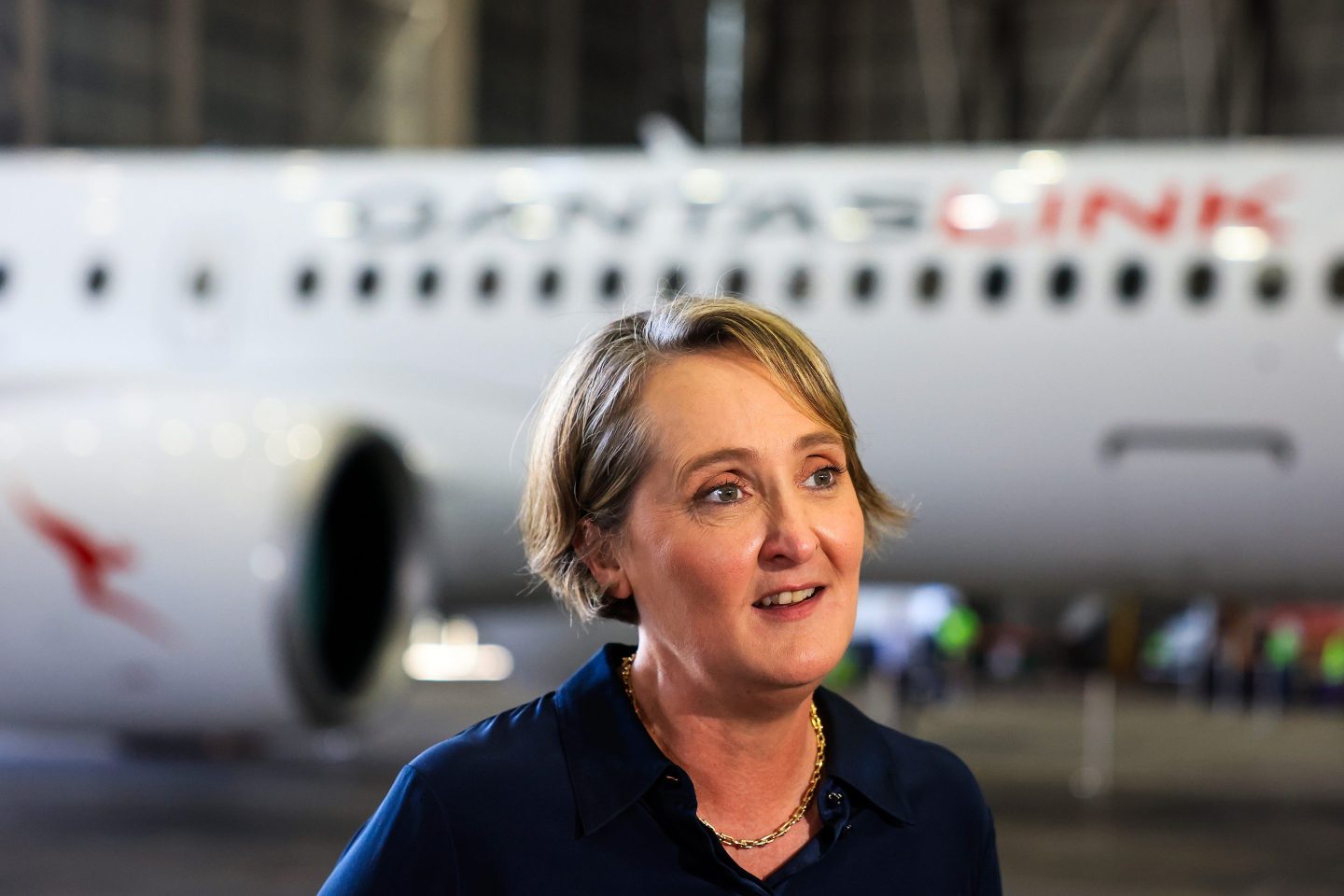 Qantas chief executive Vanessa Hudson speaks during a media opportunity at Hangar 96, Qantas Sydney Jet Base on Feb. 22, 2024 in Sydney.