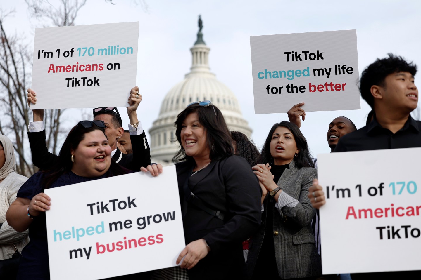 WASHINGTON, DC &#8211; MARCH 13: Participants hold signs in support of TikTok outside the U.S. Capitol Building on March 13, 2024 in Washington, DC. The House of Representatives will vote Wednesday on whether to ban TikTok in the United States due to concerns over personal privacy and national security unless the Chinese-owned parent company ByteDance sells the popular video app within the next six months. (Photo by Anna Moneymaker/Getty Images)