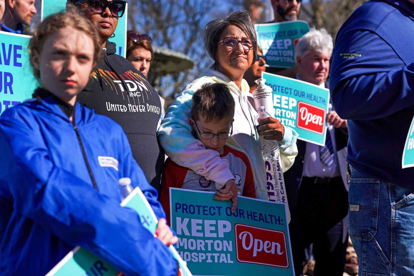 Demonstrators gather for a rally on Apr. 23 on the Taunton town green protesting the loss of Steward hospitals in Massachusetts.