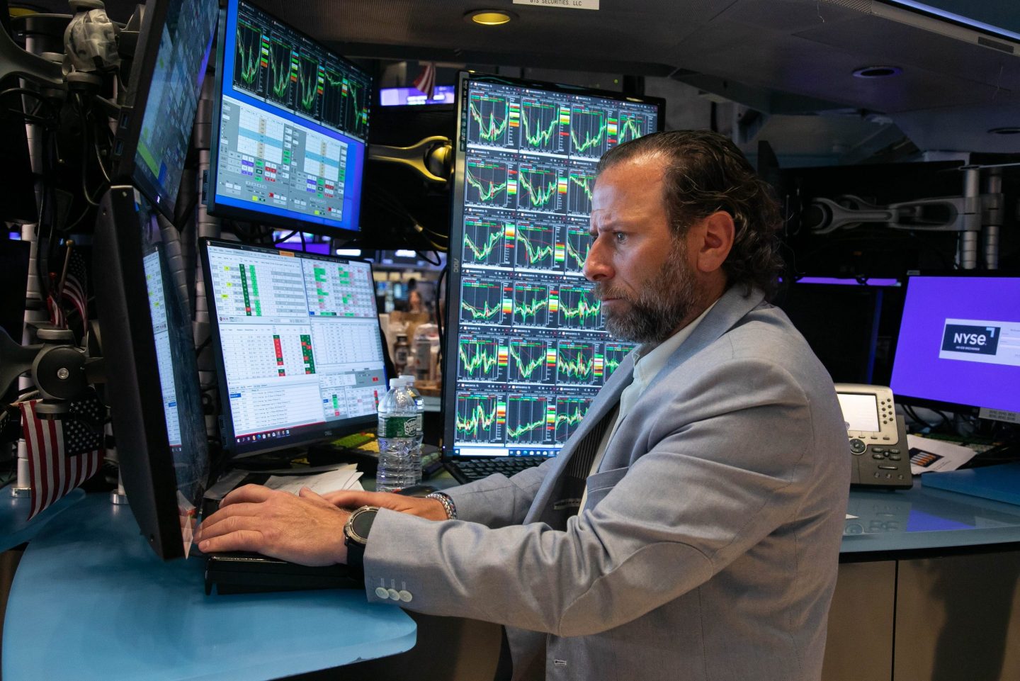 A trader works on the floor of the New York Stock Exchange in New York, the United States, on May 3, 2024.