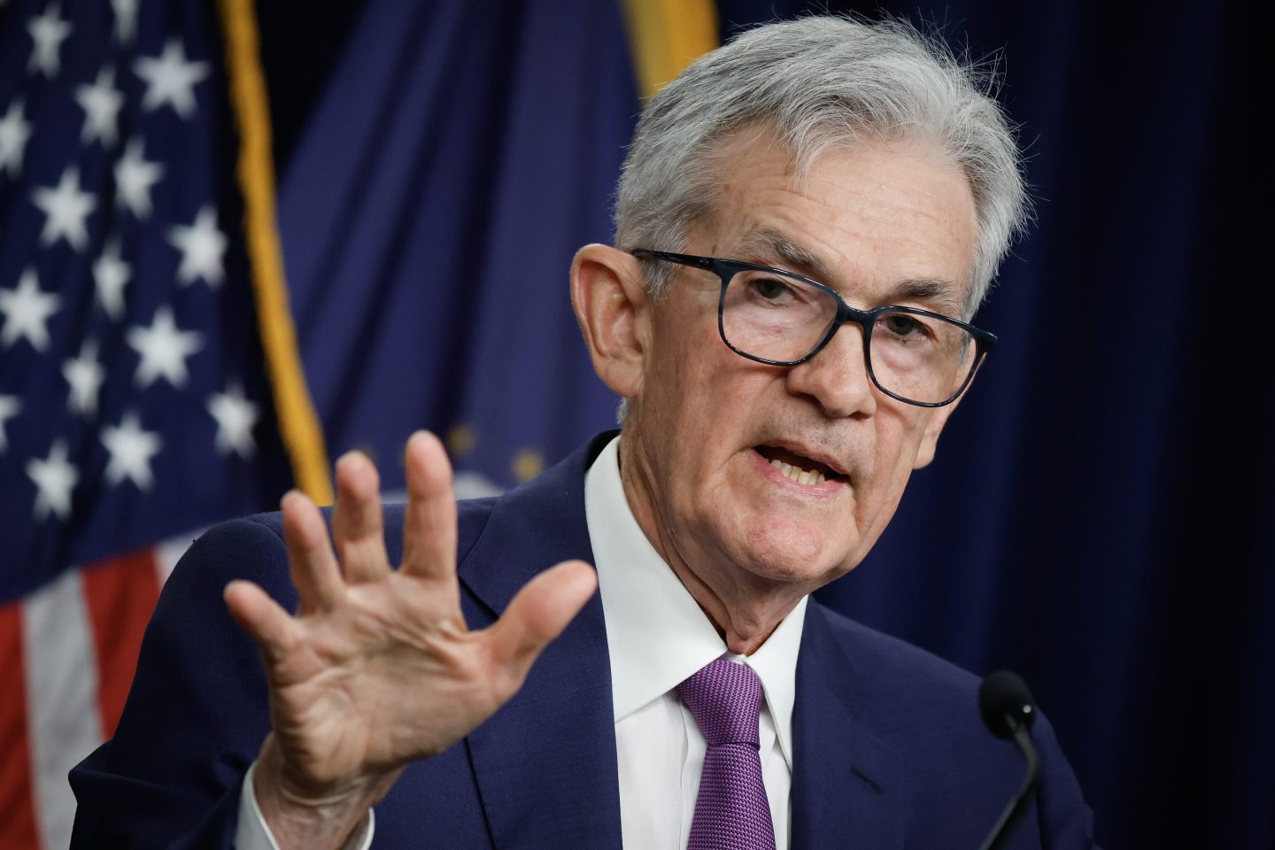 Federal Reserve Chair Jerome Powell announces that interest rates will remain unchanged during a news conference May 1, 2024, in Washington, D.C.
