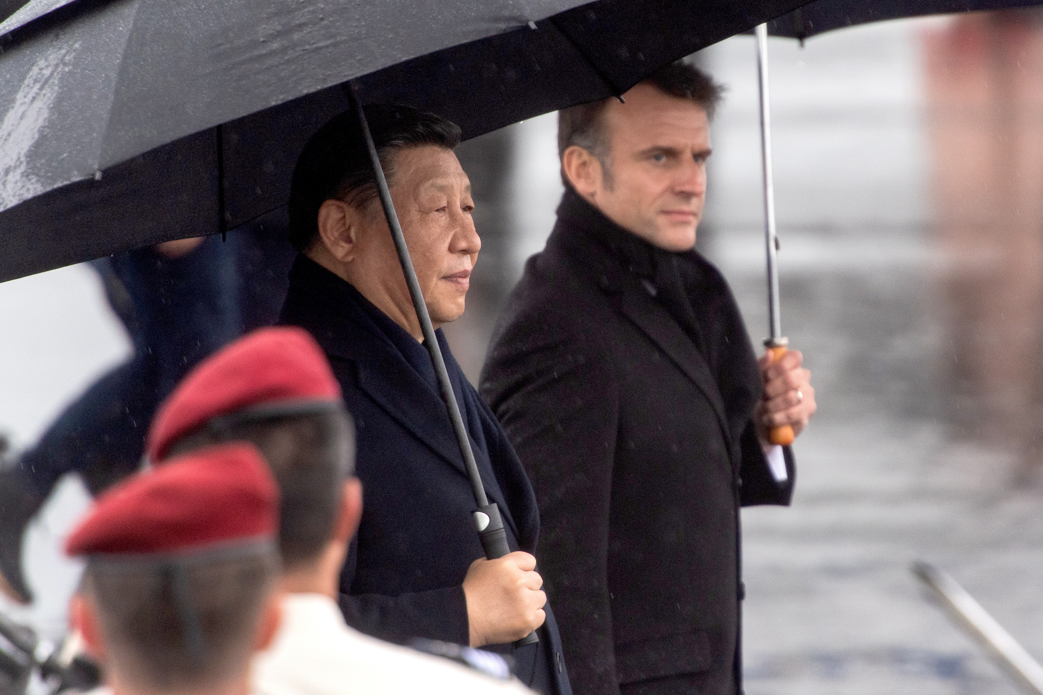 China's Xi Jinping and France's Emmanuel Macron at Tarbes-Lourdes Pyrenees airport in Tarbes, France, on May 7, 2024. 