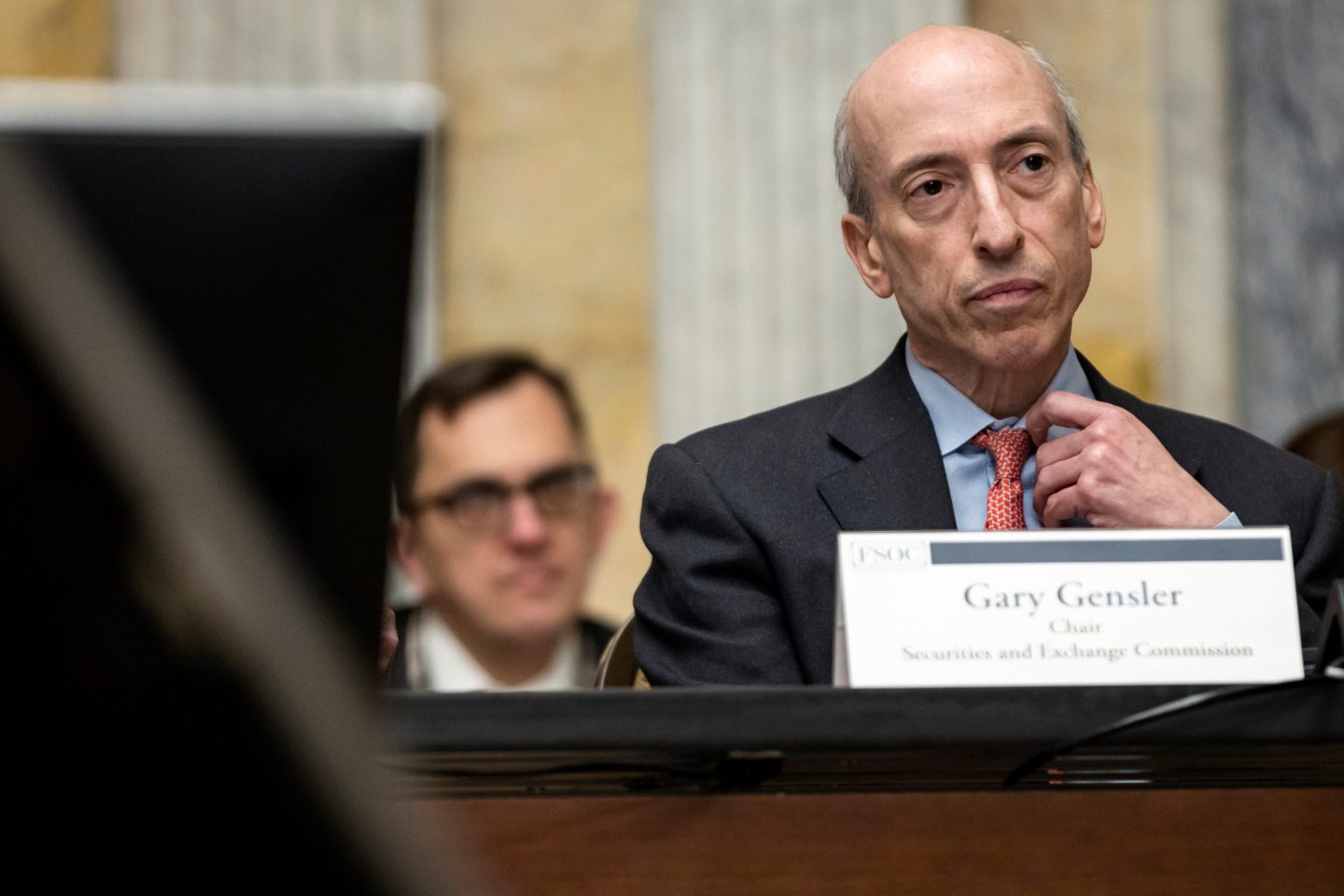 Gary Gensler, chairman of the US Securities and Exchange Commission (SEC), during a Financial Stability Oversight Council meeting at the Treasury Department in Washington, DC, US, on Friday, May 10, 2024. US Treasury Secretary Janet Yellen previewed the Financial Stability Oversight Council&#039;s first report assessing the threats introduced by nonbank mortgage firms, which have escaped the strong regulation reserved for traditional banks despite displacing them in the market. Photographer: Samuel Corum/Bloomberg via Getty Images