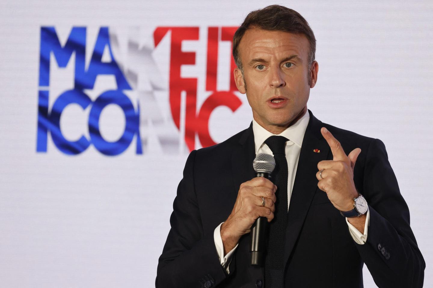 France's President Emmanuel Macron delivers a speech during the seventh "Choose France Summit", aiming to attract foreign investors to the country, at the Chateau de Versailles, outside Paris, on May 13, 2024