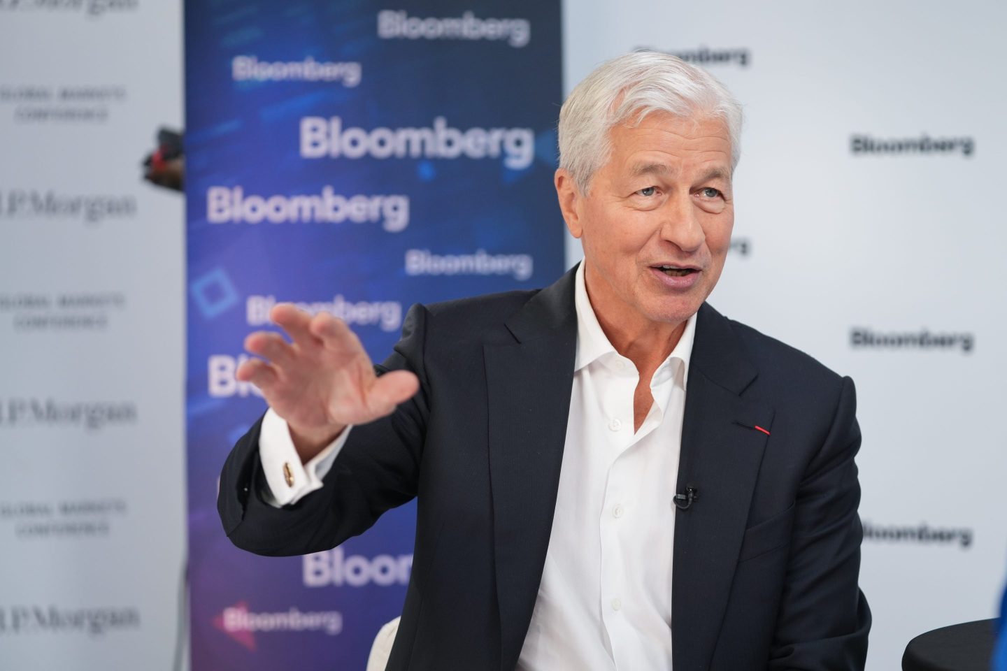 Jamie Dimon, chief executive officer of JPMorgan Chase &amp; Co., during a Bloomberg Television interview on the sidelines of the JPMorgan Global Markets Conference in Paris, France, on Thursday, May 16, 2024. Dimon said significant price pressures are still influencing the US economy and may mean interest rates will be higher for longer than many investors are expecting. Photographer: Nathan Laine/Bloomberg via Getty Images