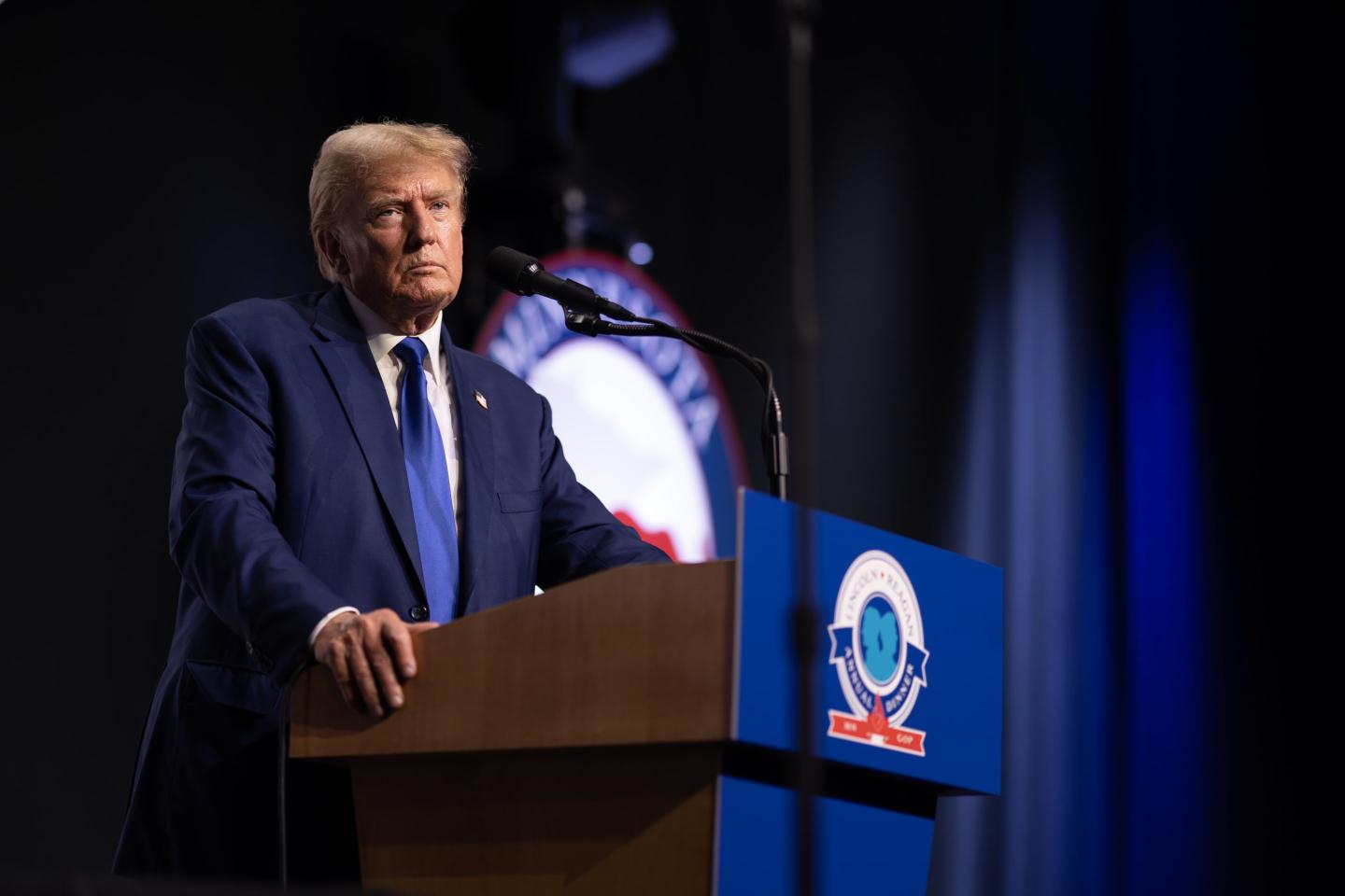 Republican presidential candidate former President Donald Trump speaks to guests