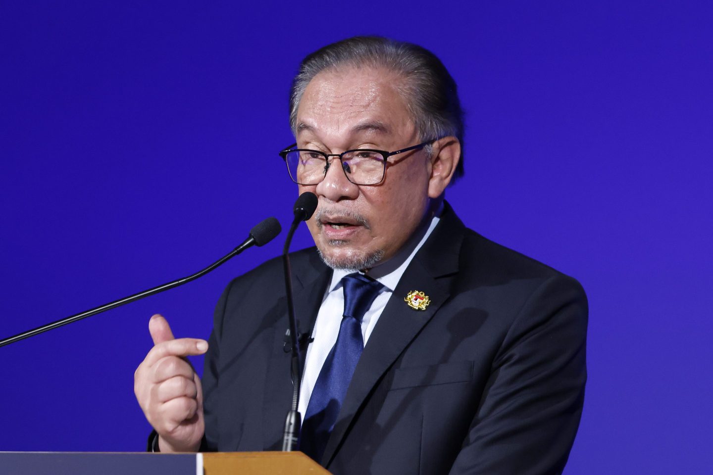 Malaysia's prime minister Anwar Ibrahim speaking during the Nikkei Fortum Future of Asia in Tokyo on May 23, 2024.