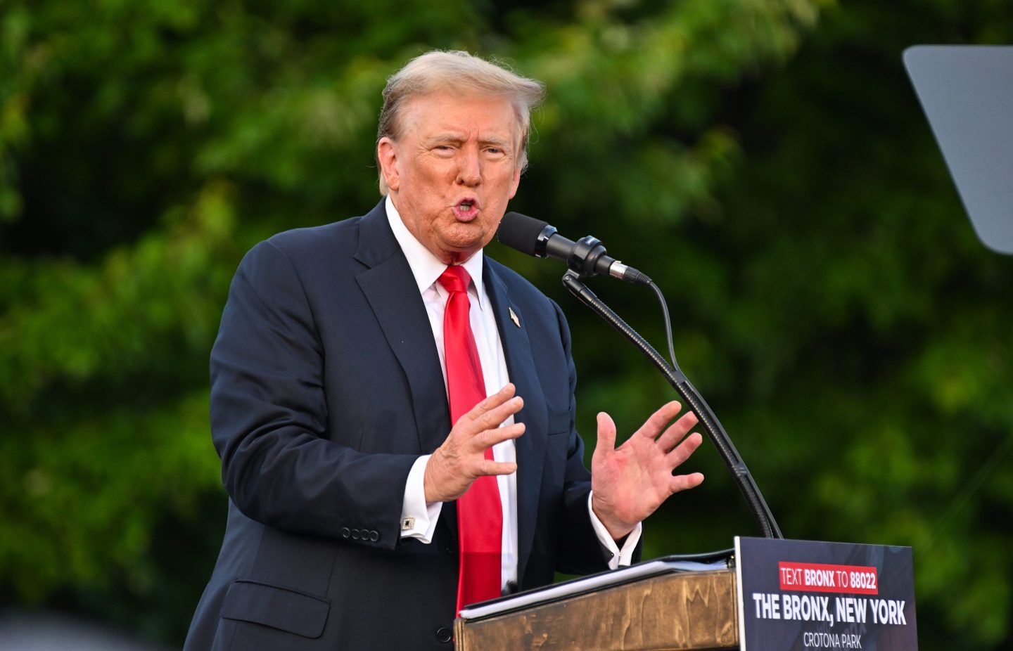Former U.S. President Donald Trump speaks at a campaign rally in New York City.