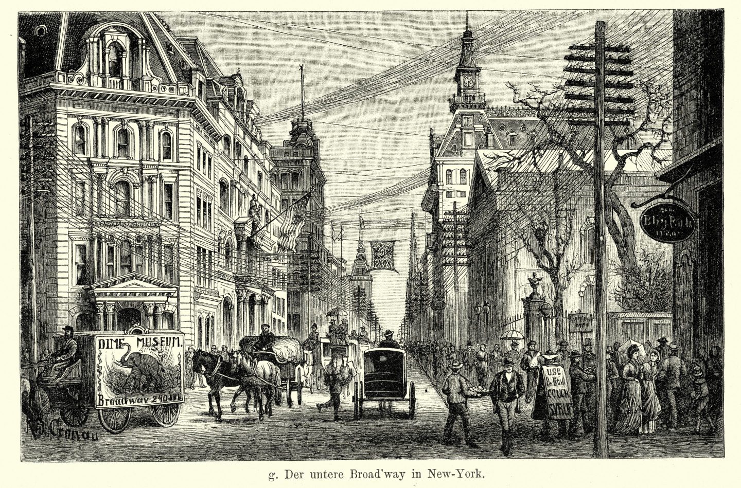 Engraving of New York in 1886, when electric wires hung above the city.