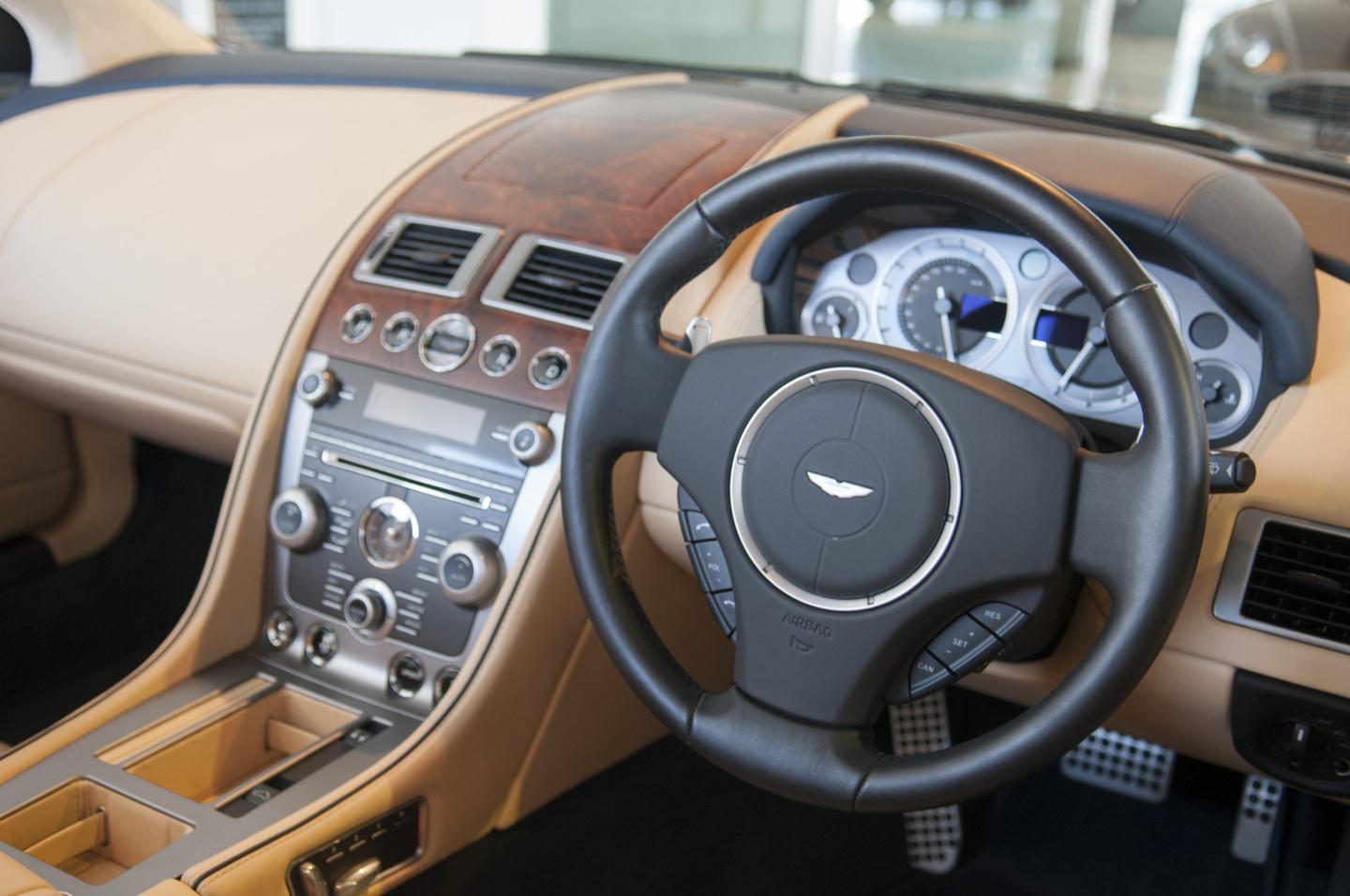 A general view of an Aston Martin DB9 leather interior inside a new Aston Martin convertible ca