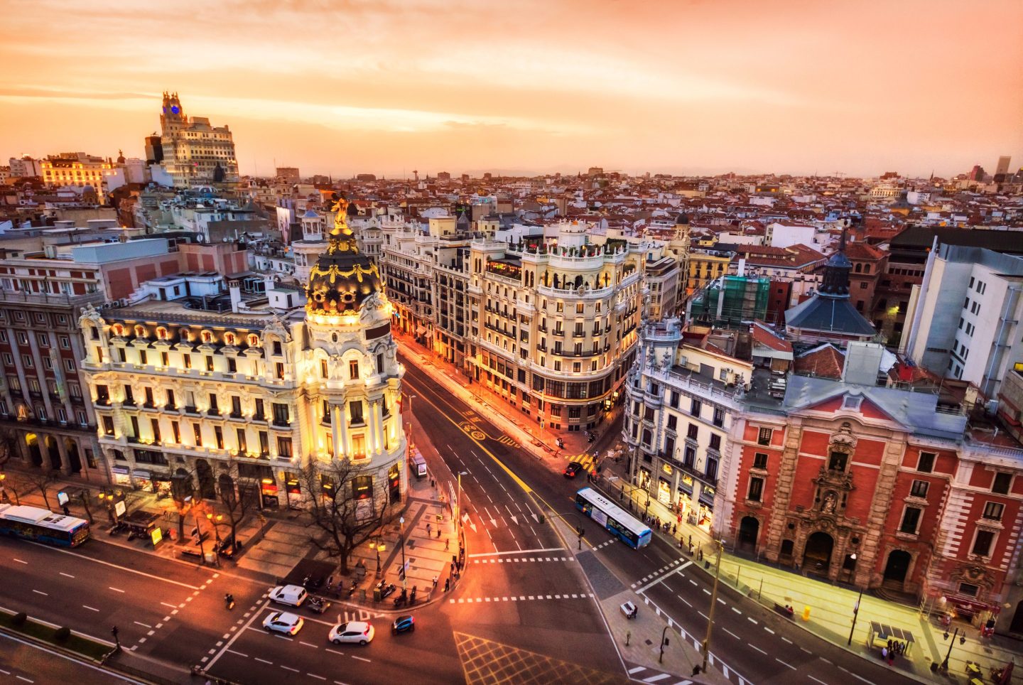 Aerial view of Gran Via in Madrid at dusk from Circulo de Bellas artes. Spain