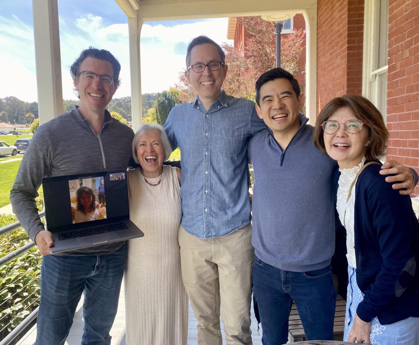 From left to right: Tomer London, Eliana Reeves, Edward Kim, Sheena Kim. On laptop, Irit London.