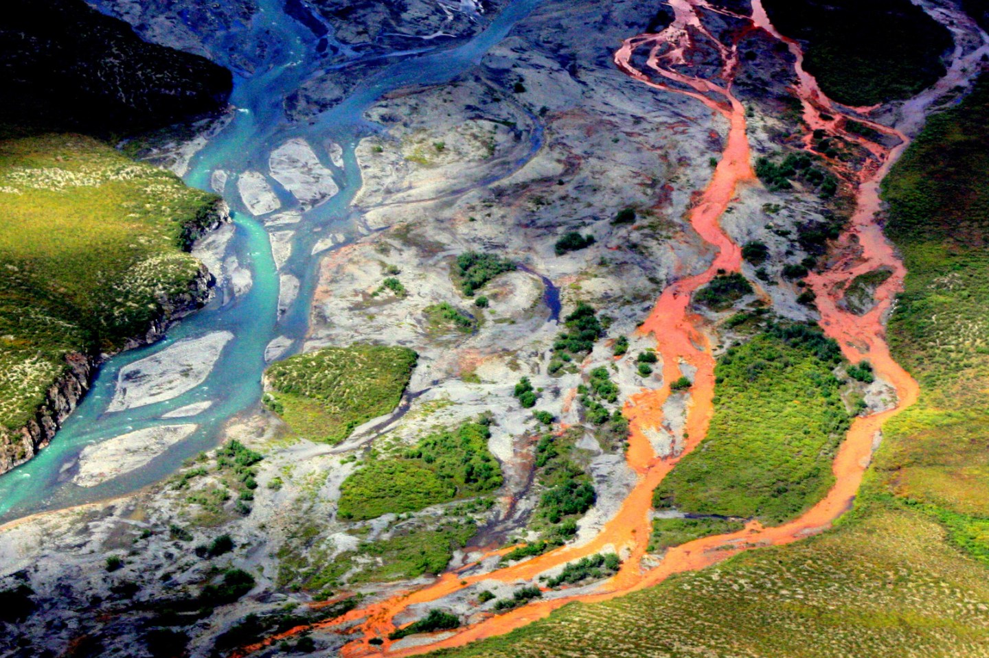 An aerial view of the rust-colored Kutuk River in Gates of the Arctic National Park in Alaska.