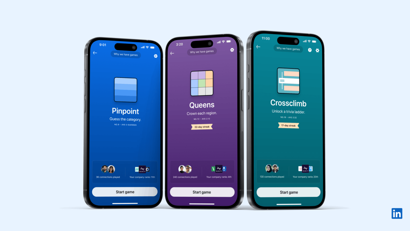 The Pinpoint, Queens, and Crossclimb start screens.