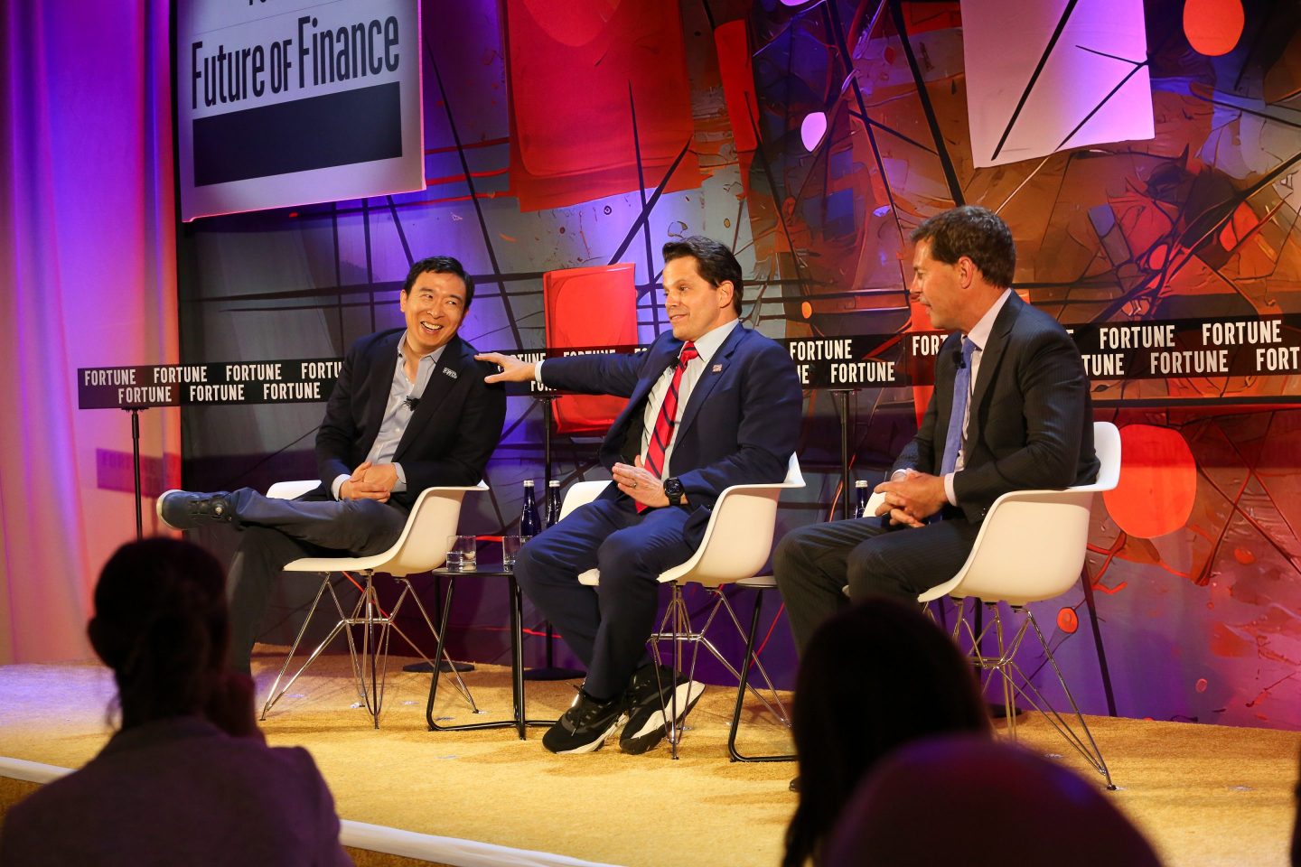 Andrew Yang and Anthony Scaramucci speak with Fortune editor Jeff John Roberts at the Future of Finance conference in New York City, May 16, 2024.