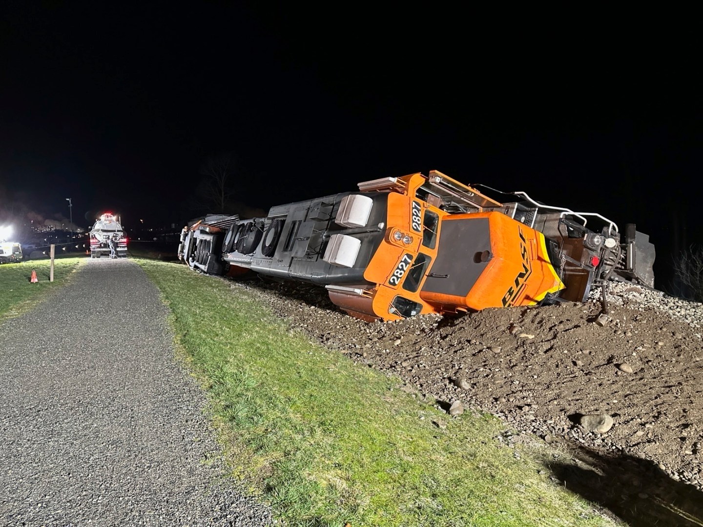 A derailed BNSF train on the Swinomish tribal reservation near Anacortes, Wash. on March 16, 2023.