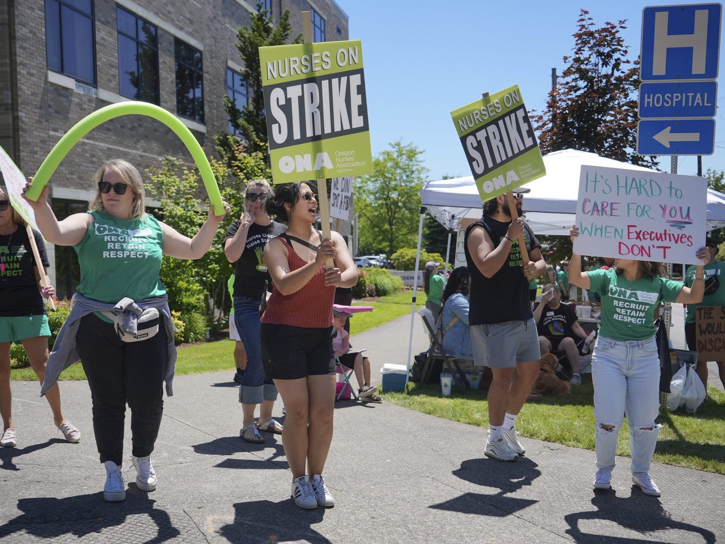 Nurses protest outside Providence Milwaukie Hospital, on June 19, 2024, in Milwaukie, Ore.