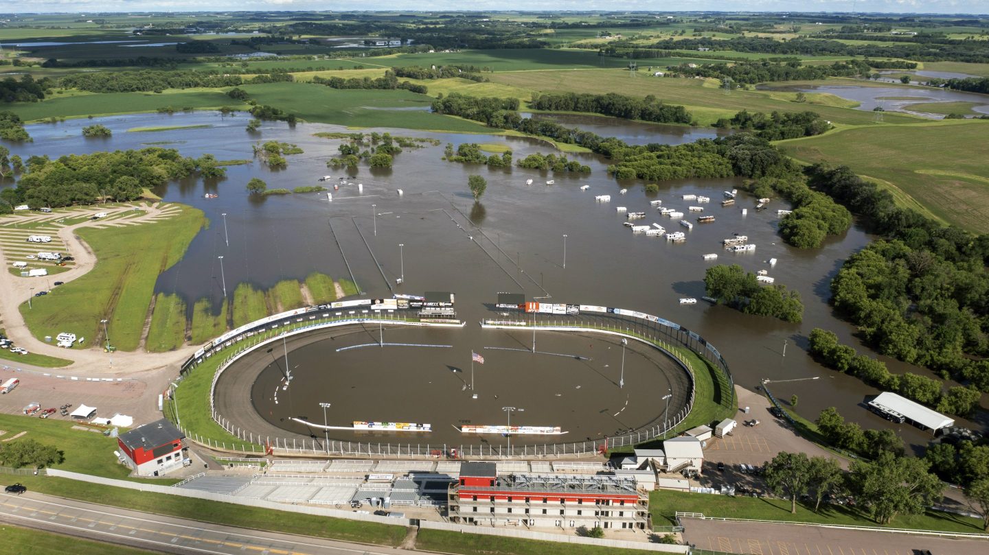 Husets Speedway is underwater after days of heavy rain led to flooding in the area, on June 22, 2024 , south of Brandon, S.D.