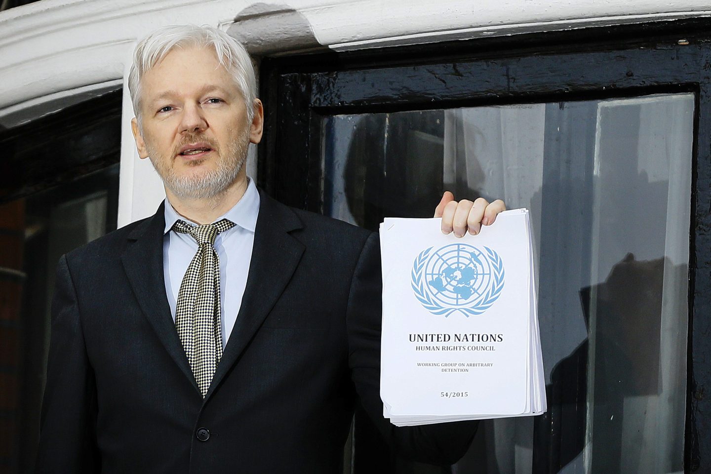 WikiLeaks founder Julian Assange speaks on the balcony of the Ecuadorean Embassy in London, Feb. 5, 2016.