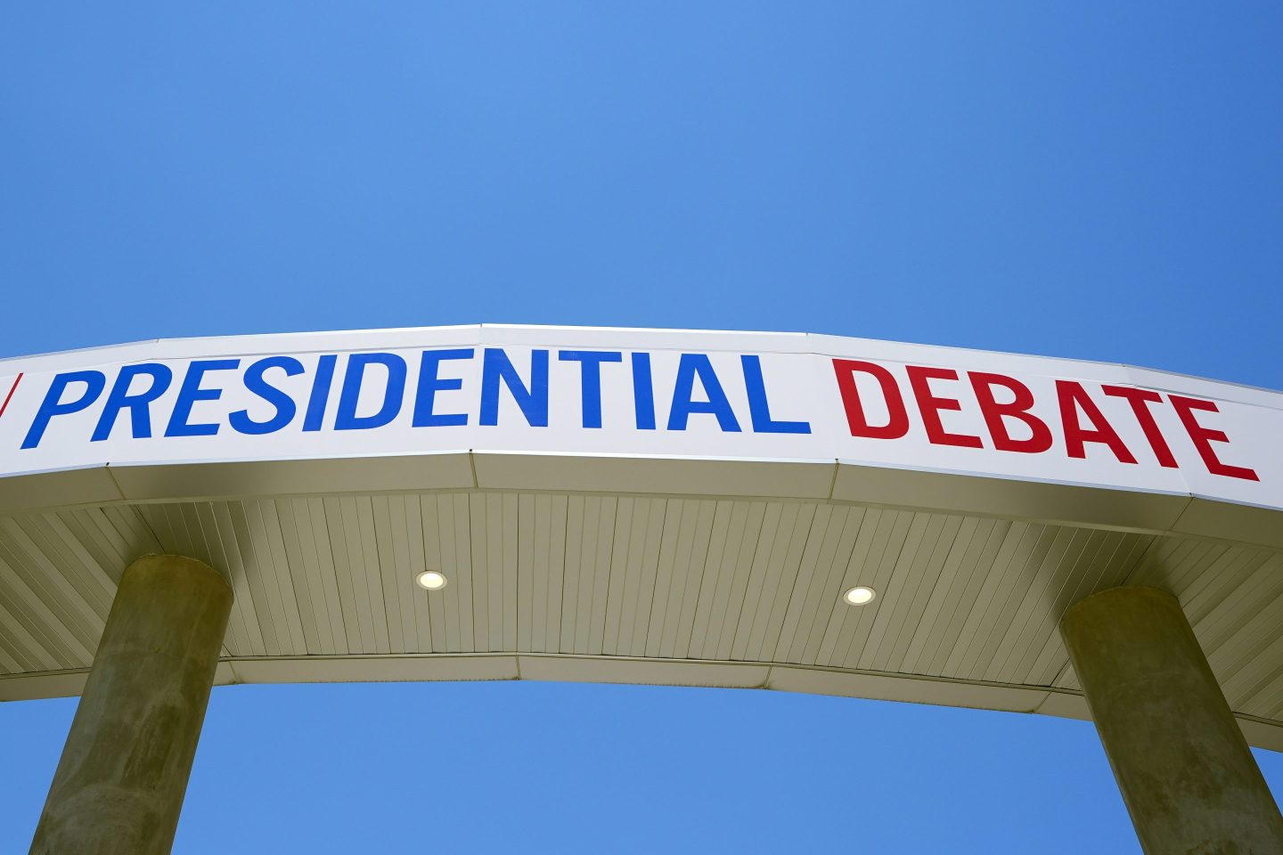 Signage for the upcoming presidential debate is seen at the media file center near the CNN Techwood campus in Atlanta on June 25, 2024.