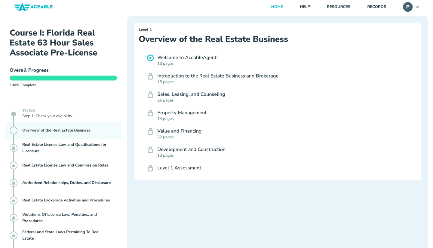 Screenshot of AceableAgent's Florida pre-license training course. 