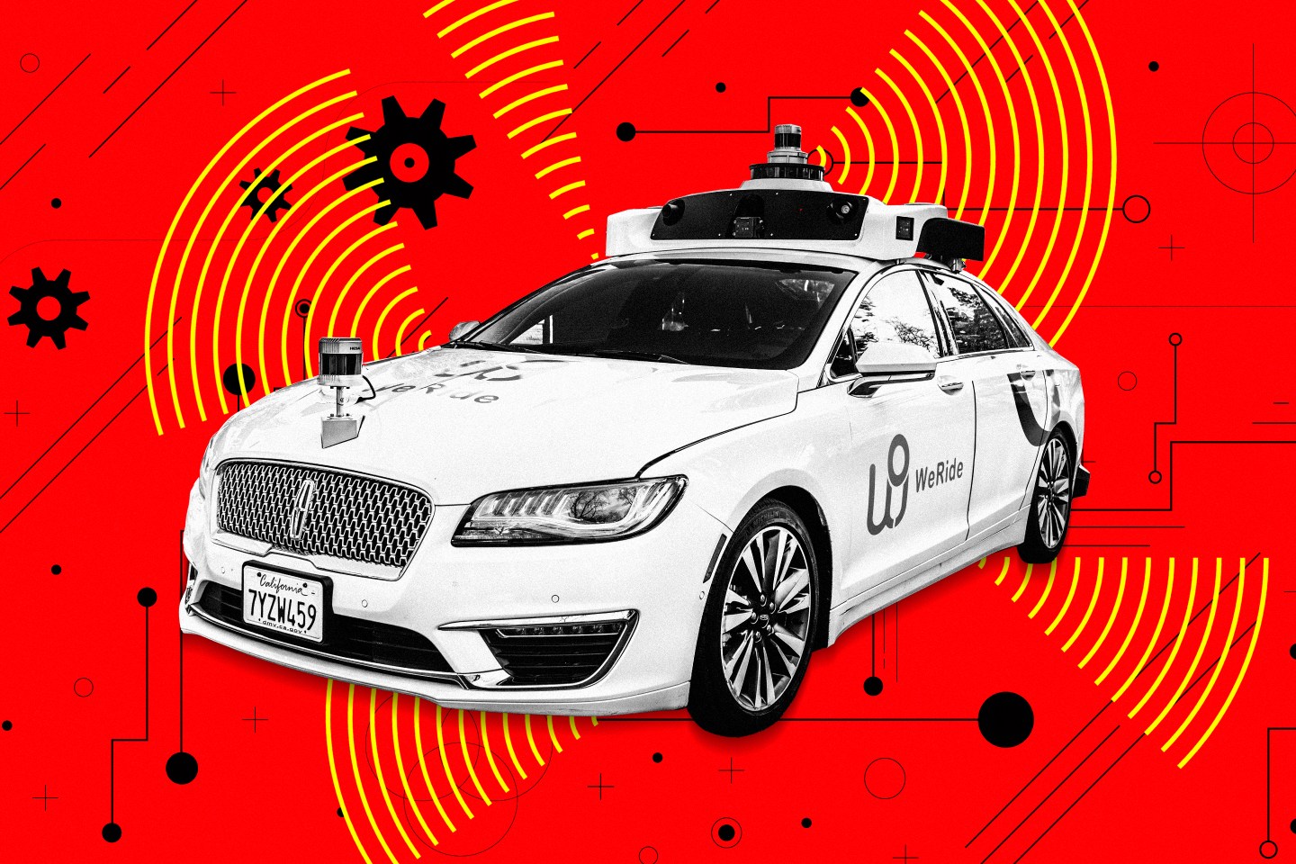 Photo illustration of a WeRide car with a California license plate with yellow signal radars beaming from the car on a red background.