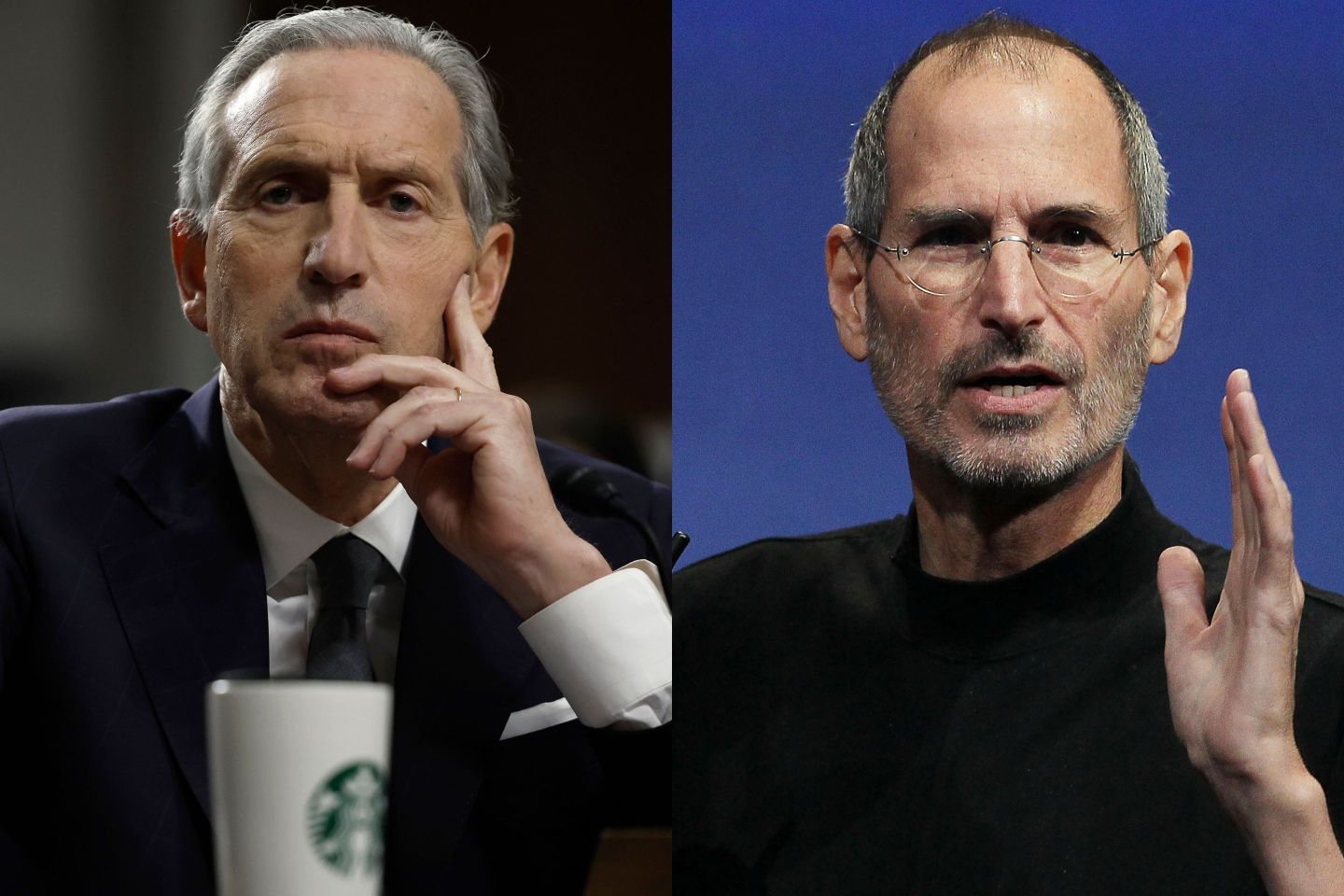 Left: Photo of Howard Schultz. Right: Steve Jobs