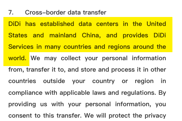 Screenshot of DiDi privacy policy