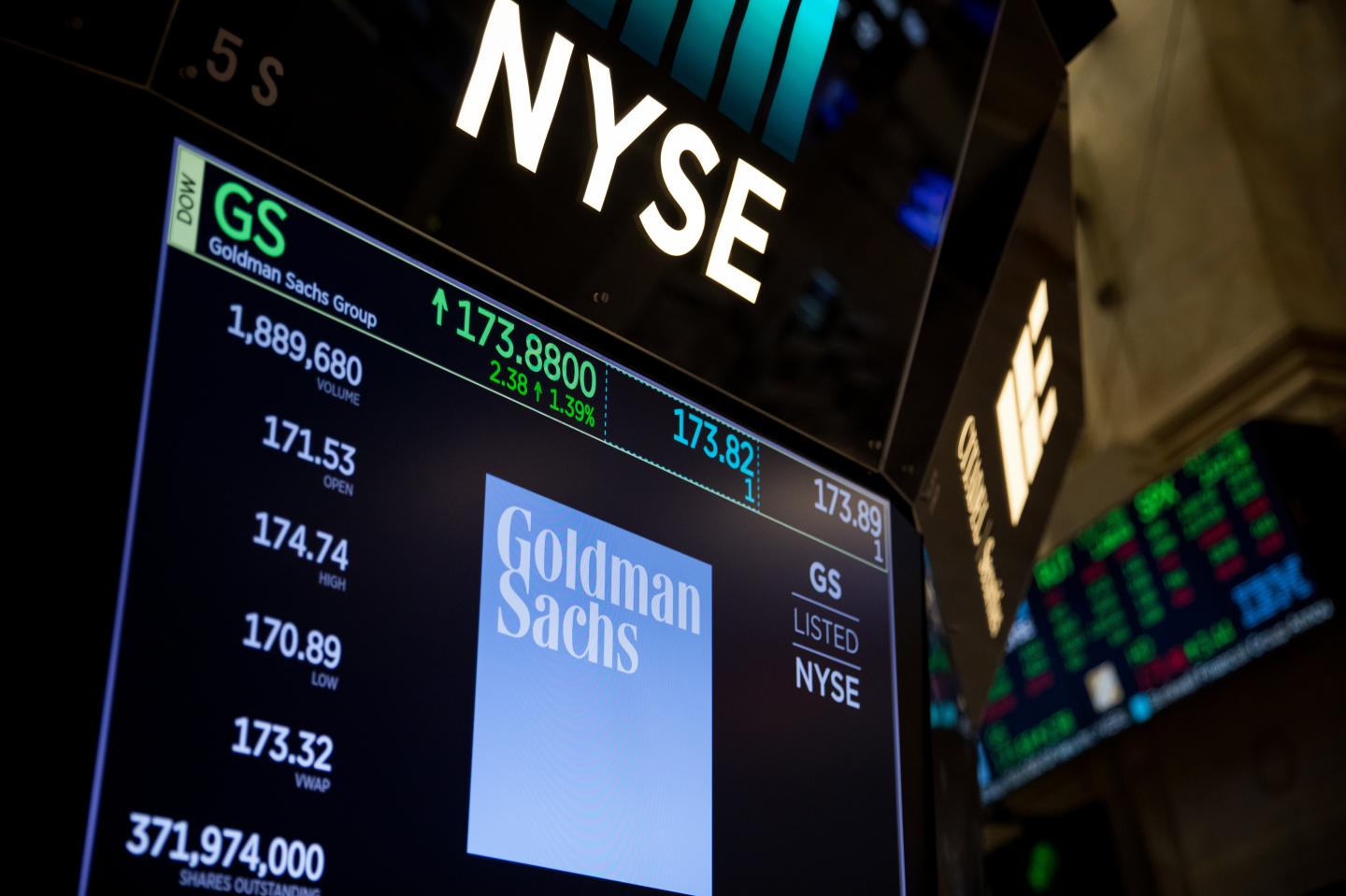 A monitor displays Goldman Sachs Group Inc. signage on the floor of the New York Stock Exchange (NYSE) in New York.