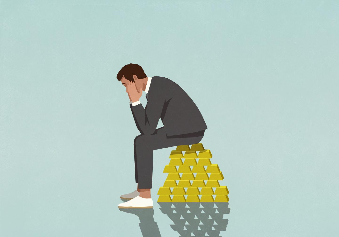 Worried male investor sitting on stack of gold bars illustration