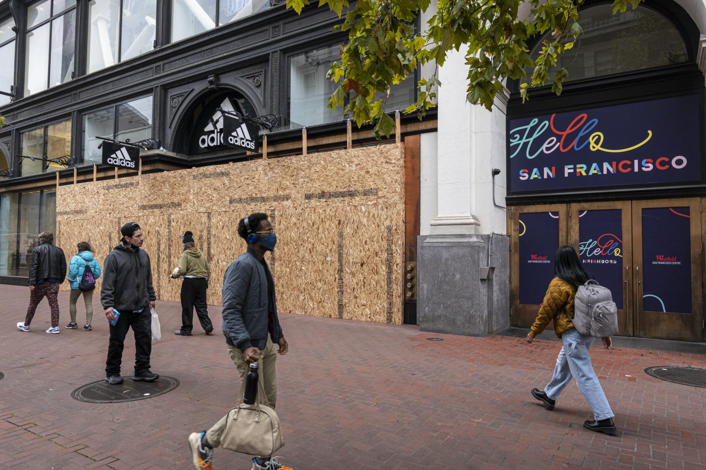 A boarded up Adidas store on Market Street in San Francisco, California