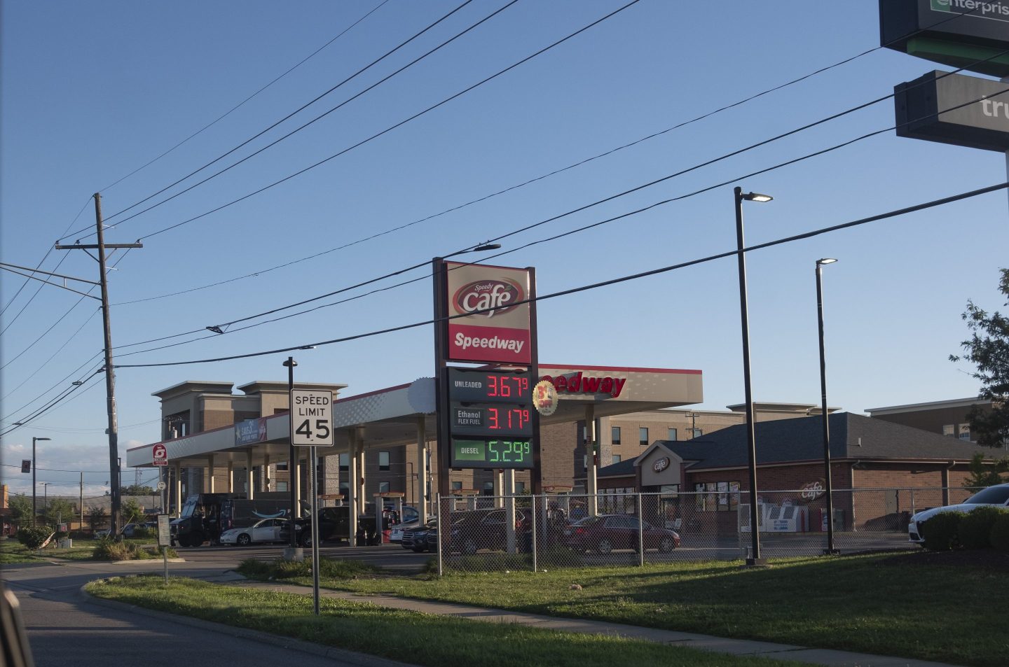 A Speedway gas station advertises their gas prices