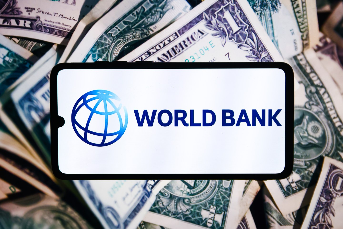 World Bank logo is displayed on a mobile phone screen.