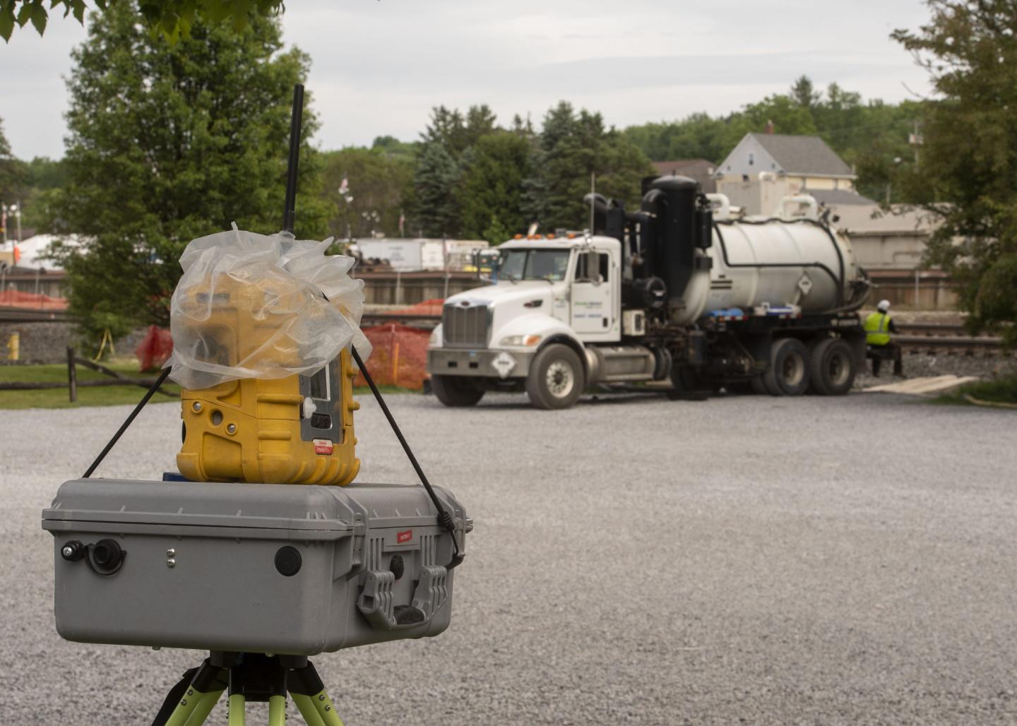 An air-monitoring system near railroad tracks in East Palestine, Ohio