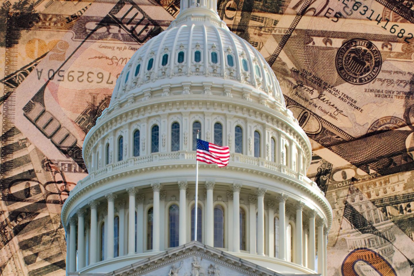 U.S. Capitol dome against backdrop of dollars