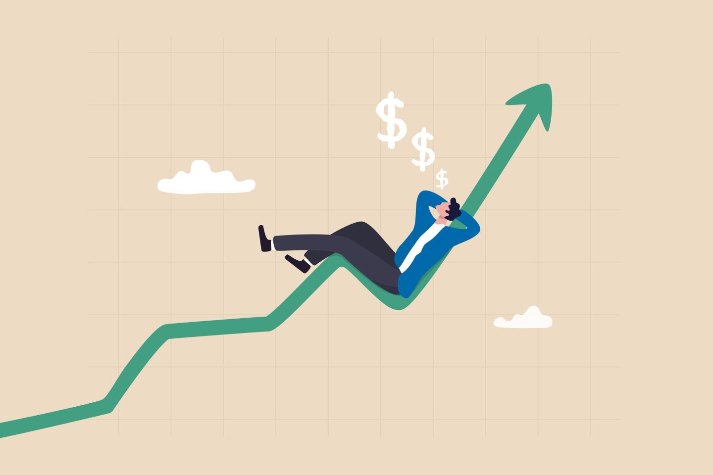 cartoon man sits on rising line graph