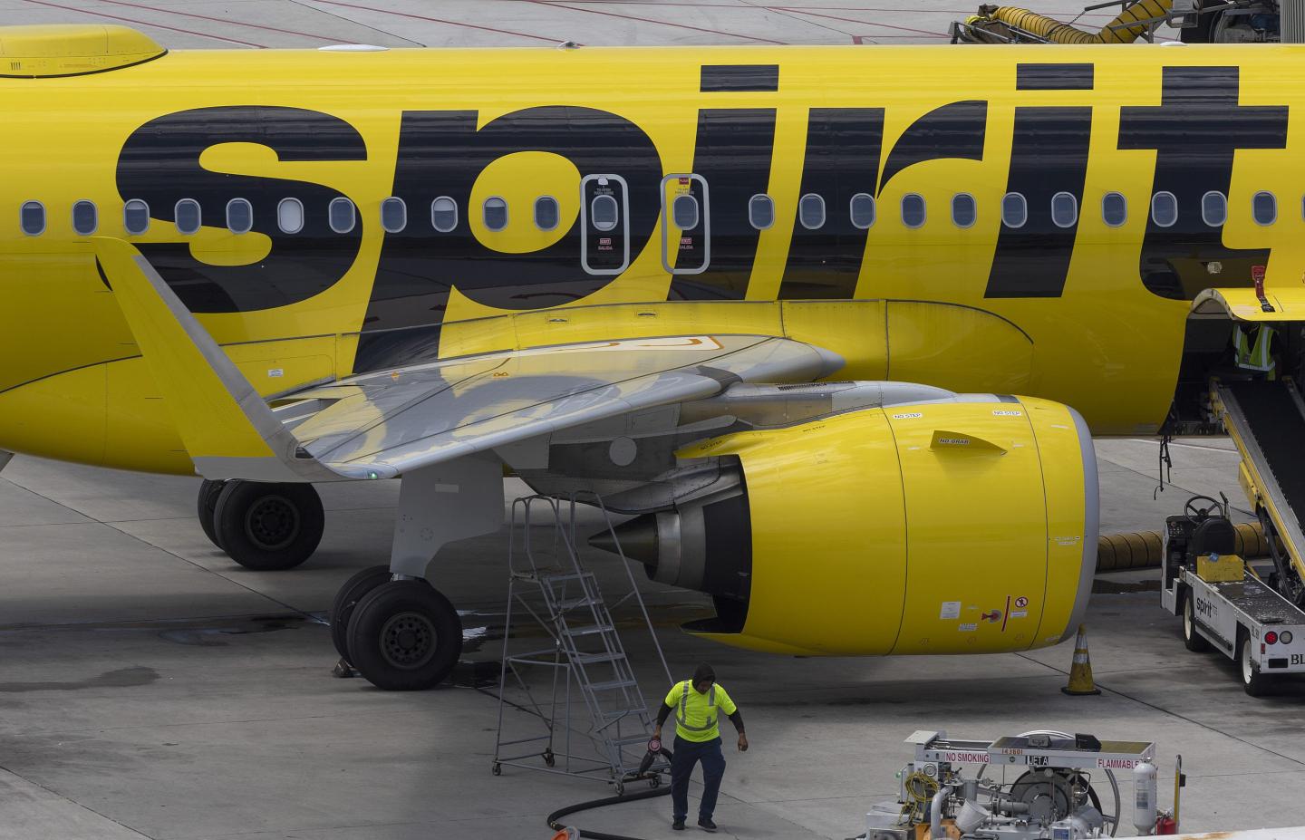 A close-up on a bright yellow Spirit Airlines jey