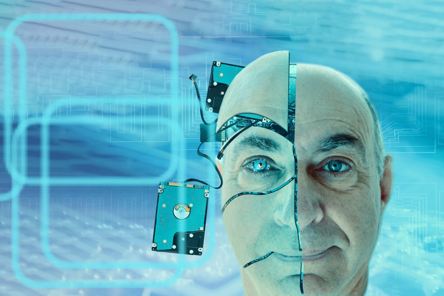 Portrait of a robot man with electronics parts and wires in his head