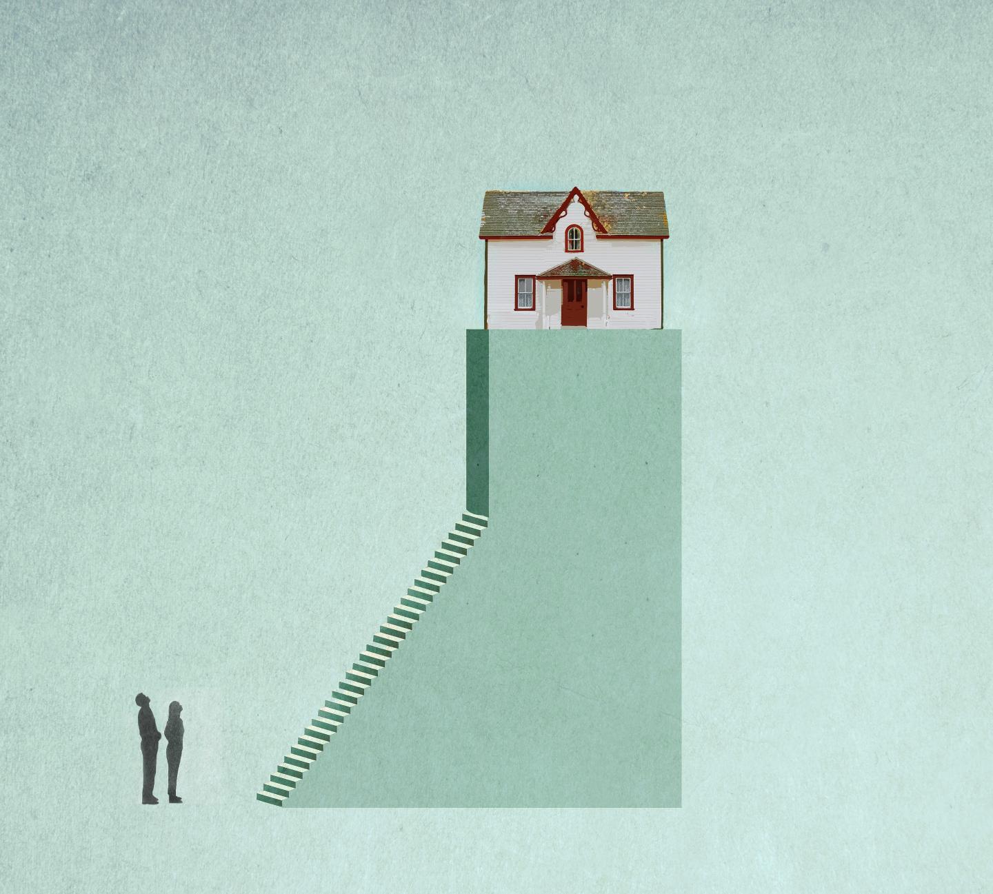 Two people looking up at inaccessible house