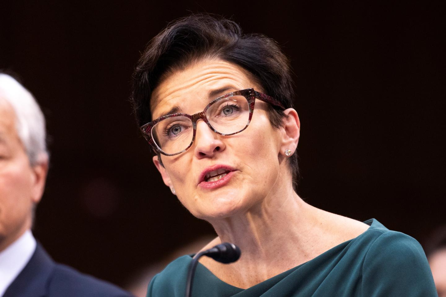 Citigroup CEO Jane Fraser is speaking against a black background.
