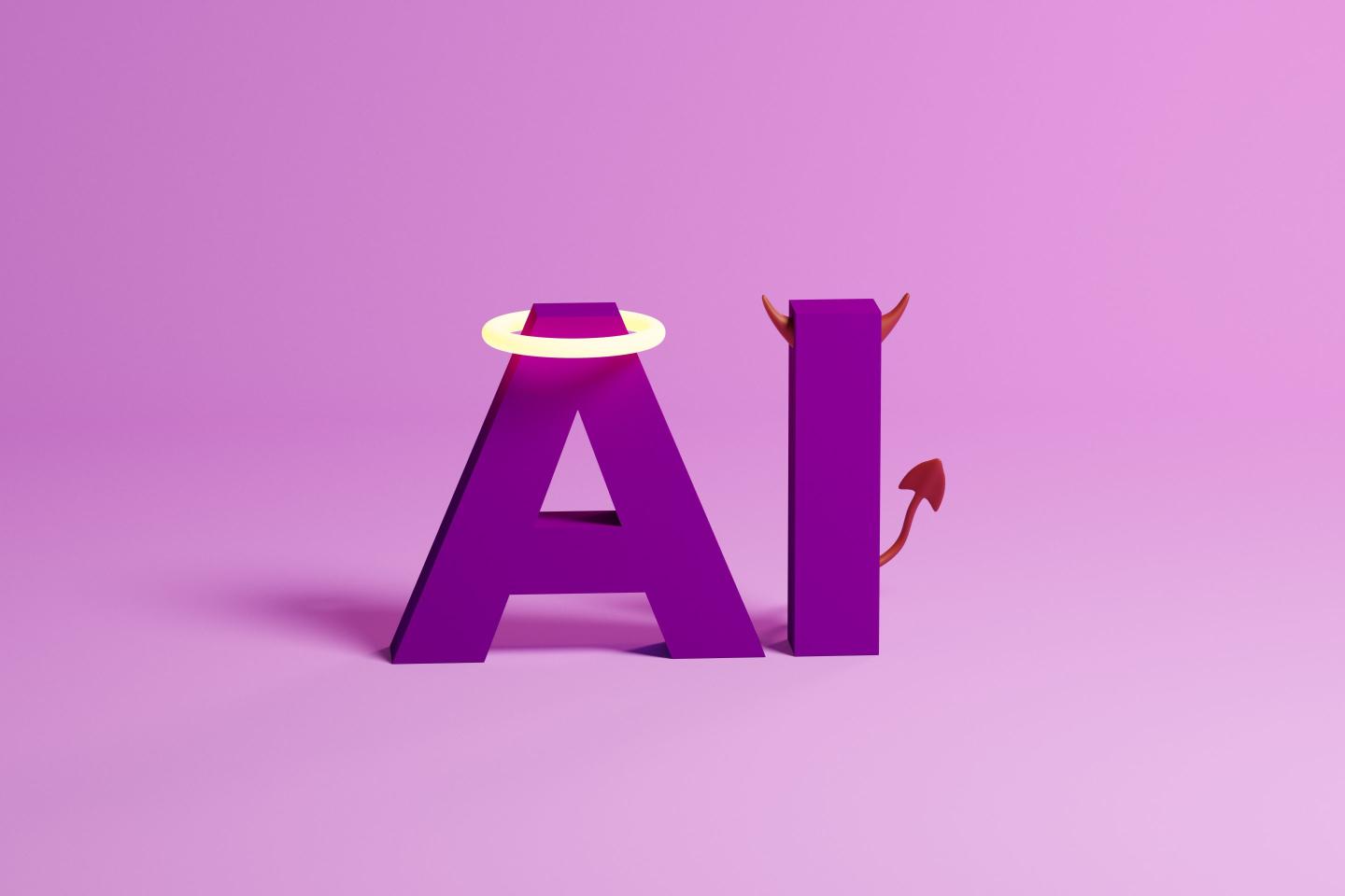 Image of the letters A and I, with an angel's halo around the A and devil horns and a tail on the I.