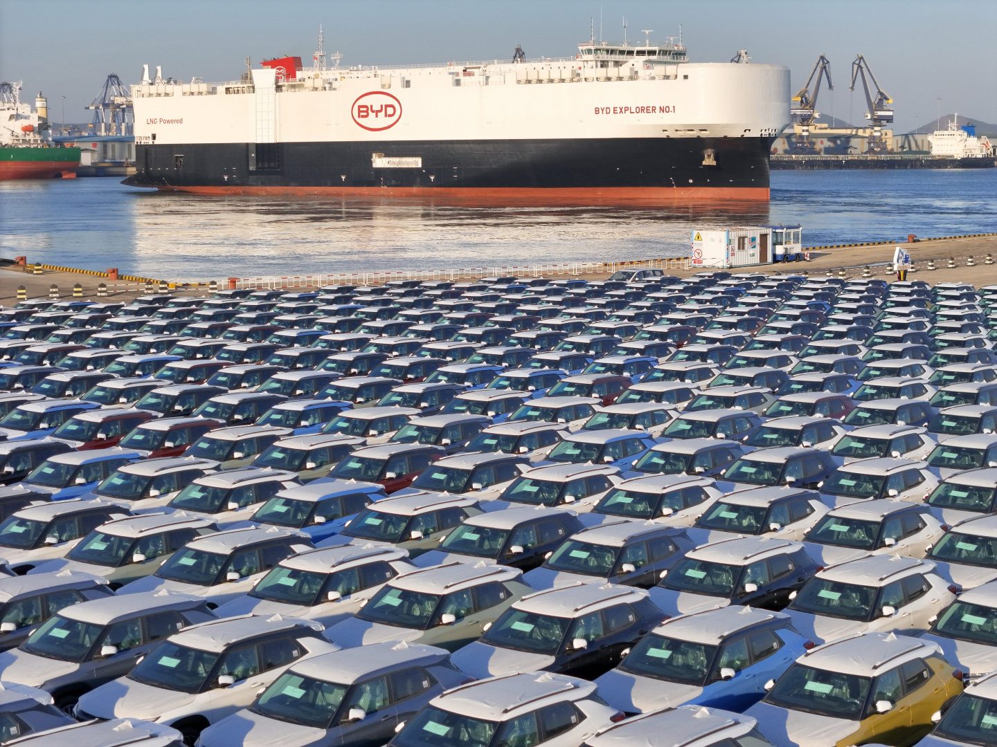 The ''BYD Explorer No. 1'' car carrier, loaded with new energy vehicles, is setting sail from Yantai Port in Yantai, China, on January 10, 2024.