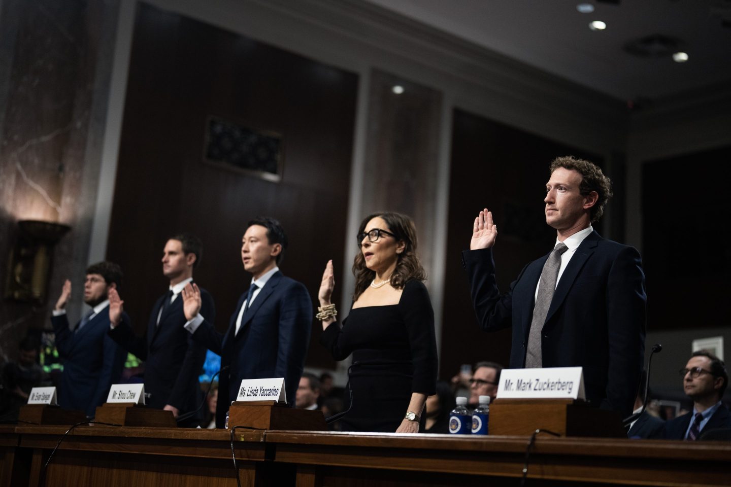 From right, Mark Zuckerberg, CEO of Meta, Linda Yaccarino, CEO of X Corp., Shou Chew, CEO of TikTok, Evan Spiegel, CEO of Snap, and Jason Citron, CEO of Discord, are sworn in to the Senate Judiciary Committee hearing titled "Big Tech and the Online Child Sexual Exploitation Crisis," on Jan. 31.